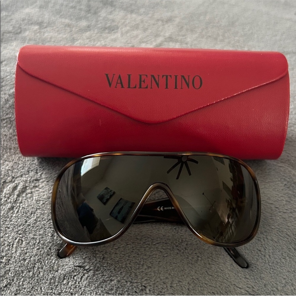 Valentino Tortoise Shield Sunglasses with Dark Lenses and Red Case